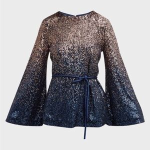 Trina Turk Women's Sequin Tunic West Cutout Long Top Ombre Gold Navy Belted XS S
